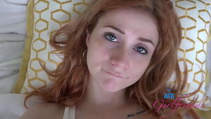 Skinny Amateur redhead with small tits & braces gets pussy eaten and rides cock POV Scarlet Skies